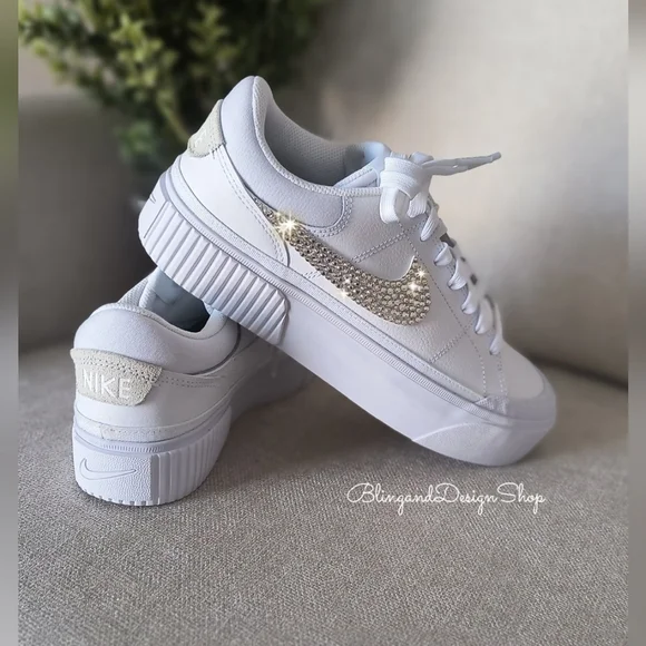 Women's Nike Court Legacy Lift White Sneakers Customized With Clear Crystals - Picture 2 of 8